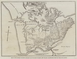 Mappa del paese tra Auckland e il fiume Waikato, Nuova Zelanda, illustrante la guerra con i nativi